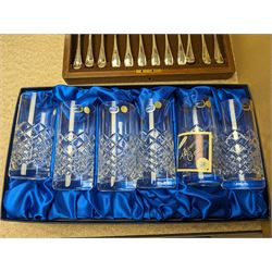 Set of six Henry Marchant Bohemia Crystal glasses, boxed, a cased Mappin & Webb silver plated fish knives and forks set and other silver plate and collectables 