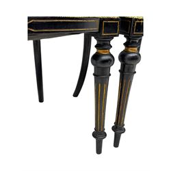 Set of four late Victorian ebonised dining chairs, decorated with carved and gilt foliate decoration, upholstered seats, on turned and fluted front supports 