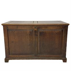 19th century pine blanket chest, double panelled hinged lid over panelled front and sides, on bracket feet