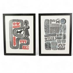 Hilke MacIntyre (German/Scottish Contemporary): 'Woman with a Rake' and 'Big Moon', pair woodblock prints signed titled and numbered 3/50 in pencil 39cm x 29cm (2)