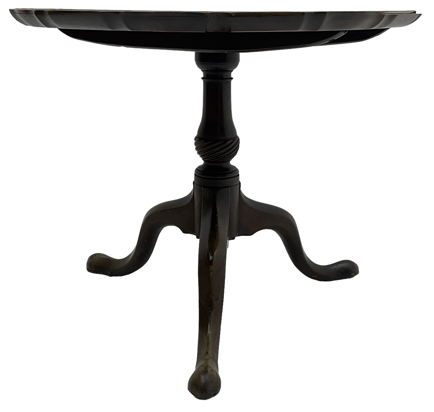 George III mahogany tripod table, circular moulded pie-crust tilt-top, on turned and twist carved pedestal, three splayed supports with pointed feet 