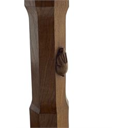 Rabbitman - oak dining table, rectangular adzed top, twin octagonal pillar supports on sledge feet, united by floor stretcher, carved with rabbit signature, by Peter Heap of Wetwang 