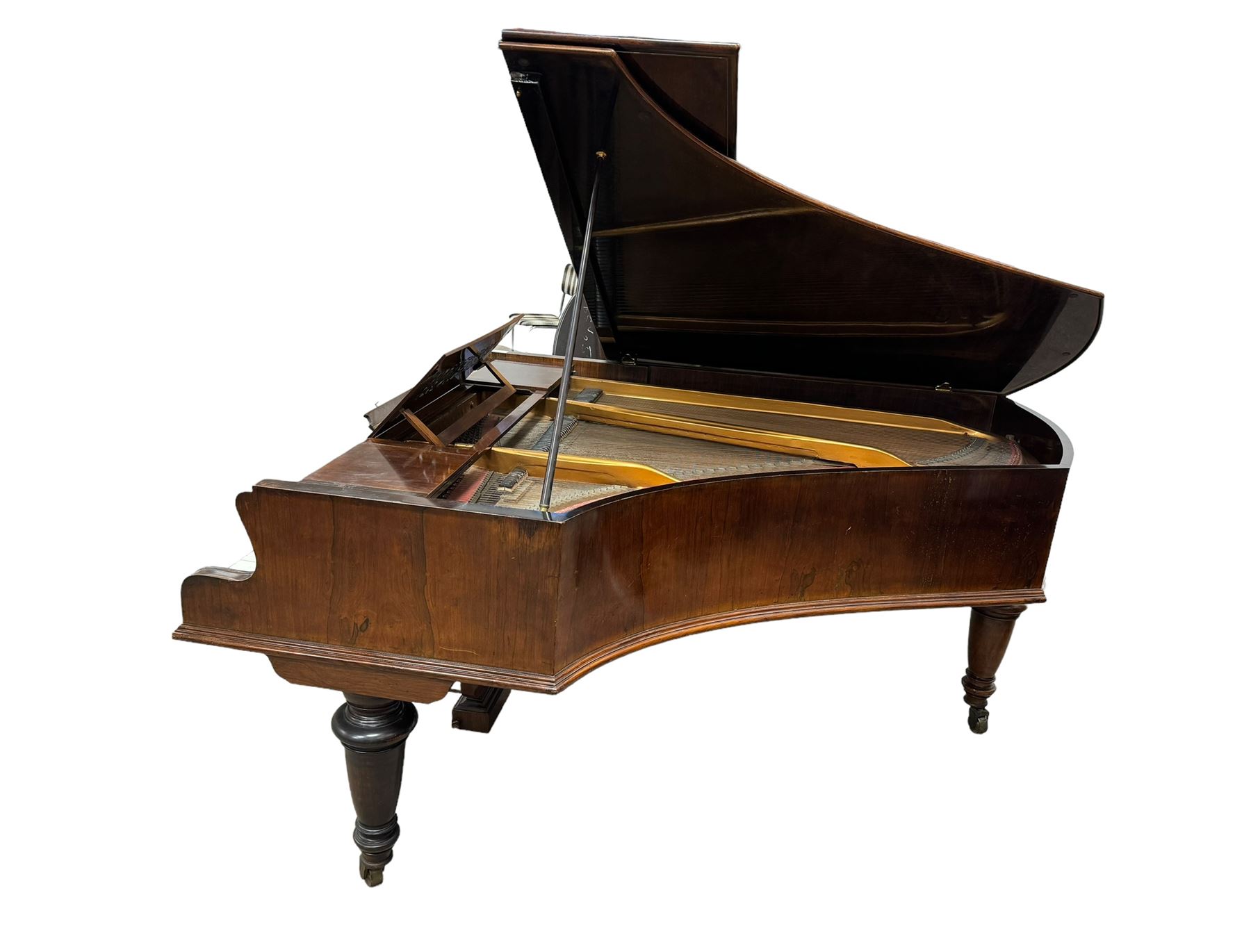 John Broadwood & Sons London - 19th century rosewood grand piano serial  No 47356 (1900-1910) overstrung cast iron frame with 88 notes, 7 octaves, Lyre with sostenuto and una-corda pedals, split-hinged key fall board and fretted music desk, case raised on three taper turned legs with brass castors, original stringing, felt, hammers, dampers and grand roller action.

This item has been registered for sale under Section 10 of the APHA Ivory Act