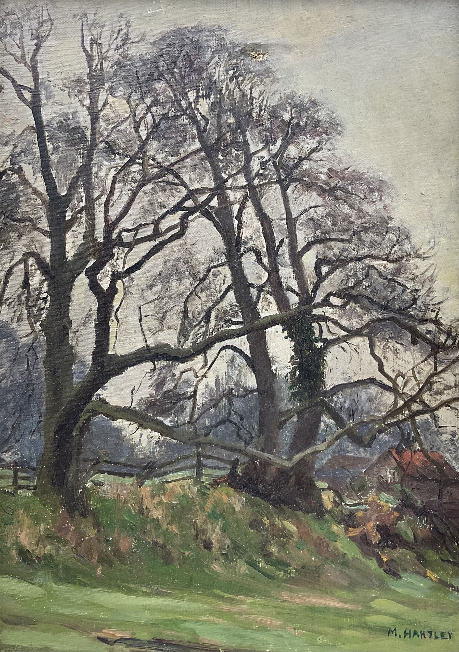 Marie Hartley (Yorkshire 1905-2006): 'Winter Trees near Healaugh', oil on canvas signed, titled on printed label verso 35cm x 29cm 