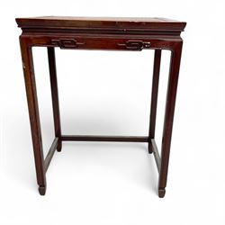 Chinese hardwood side table, rectangular recessed panel top over frieze with geometric det...