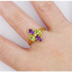 Silver-gilt peridot, amethyst and seed pearl ring, stamped