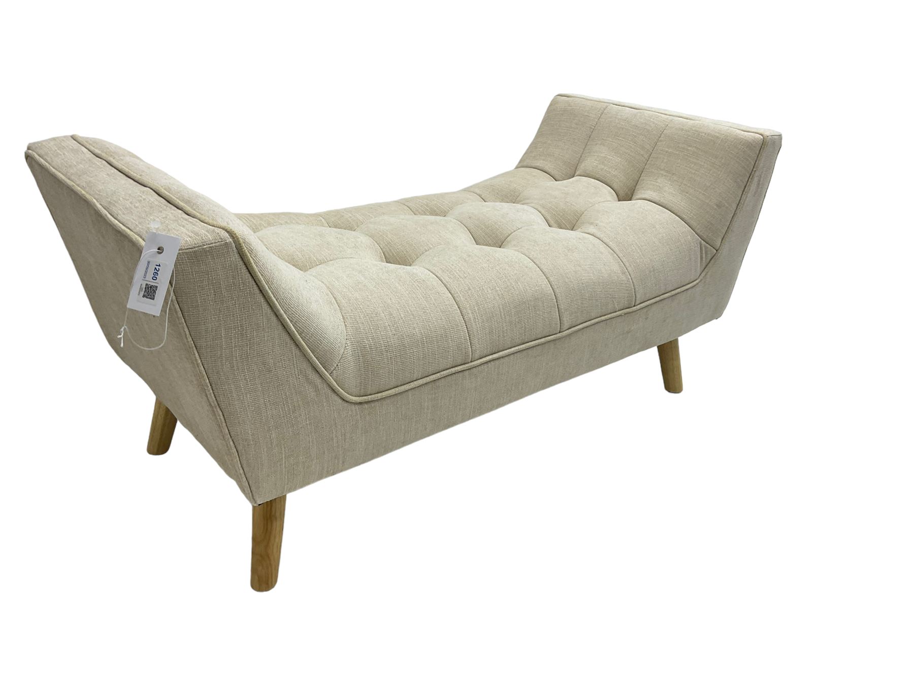 Contemporary U-shaped window or bed stool, upholstered in buttoned neutral fabric