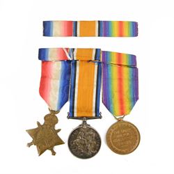 WWI trio of medals, comprising Victory Medal 1914-15 Star and British War medal, awarded t...