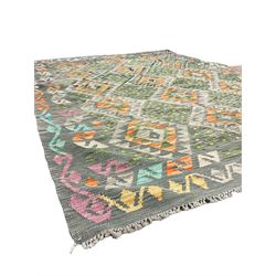 Kilim grey and green ground rug, overall geometric design decorated with lozenges