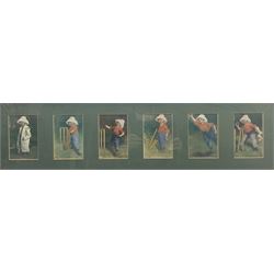 After Edward Patrick Kinsella (British 1874-1936): Cricketing Scenes, six chromolithographs framed as one 21cm x 78cm overall