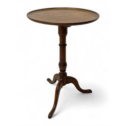 George III mahogany tripod table, circular moulded dished tilt-top, ring turned stem on three splayed supports 