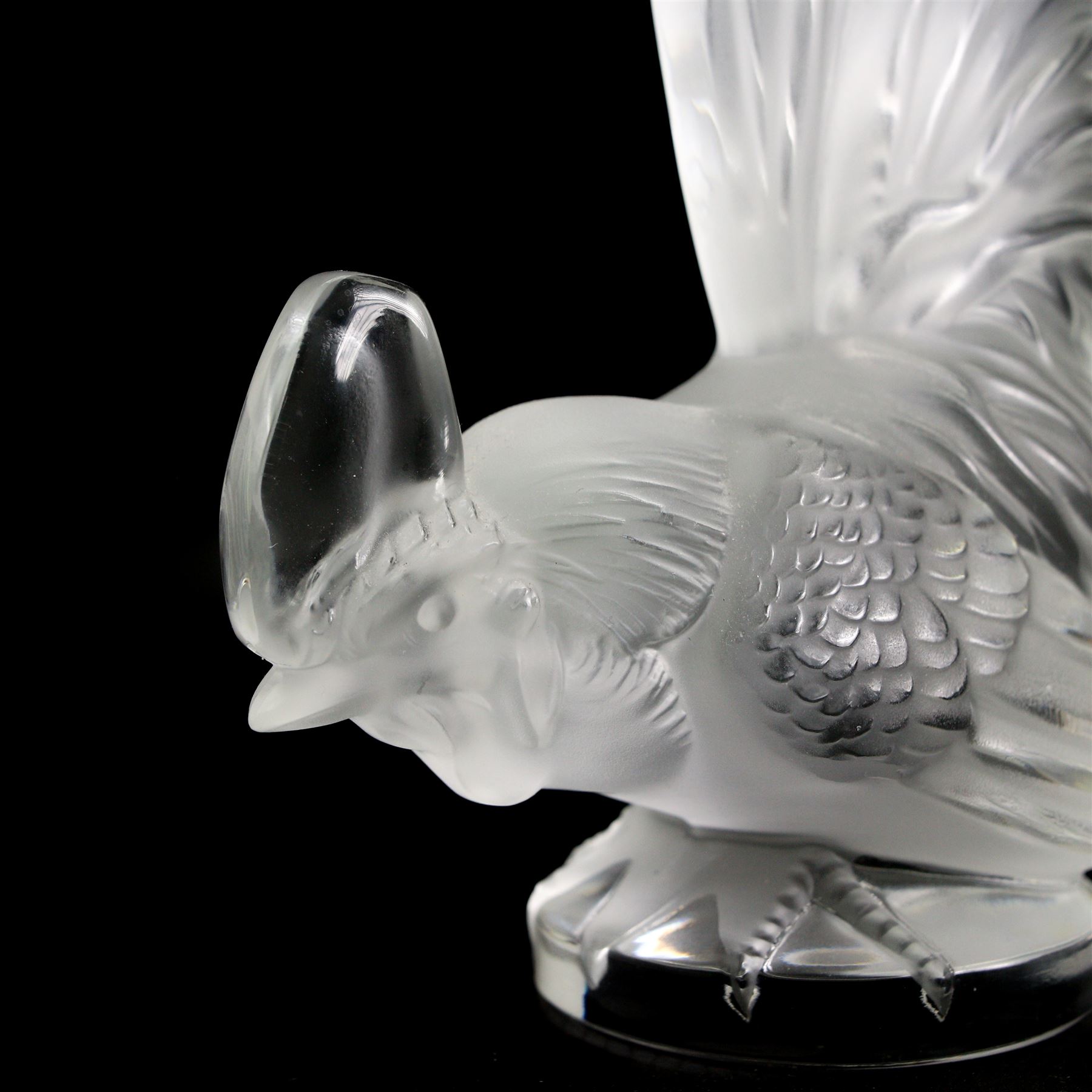 Lalique crystal Cockerel and Sparrow with head under wing, both signed Lalique, France, H21cm max (2)