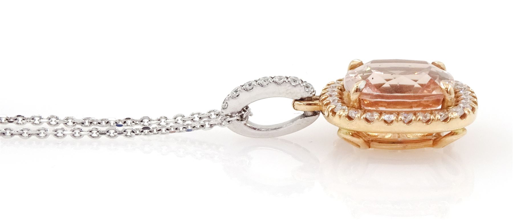 18ct white and rose gold cushion cut morganite and round brilliant cut diamond pendant, with diamond set bail, hallmarked, on 18ct white gold trace link chain necklace, stamped 750, morganite approx 3.65 carat, total diamond weight approx 0.35 carat