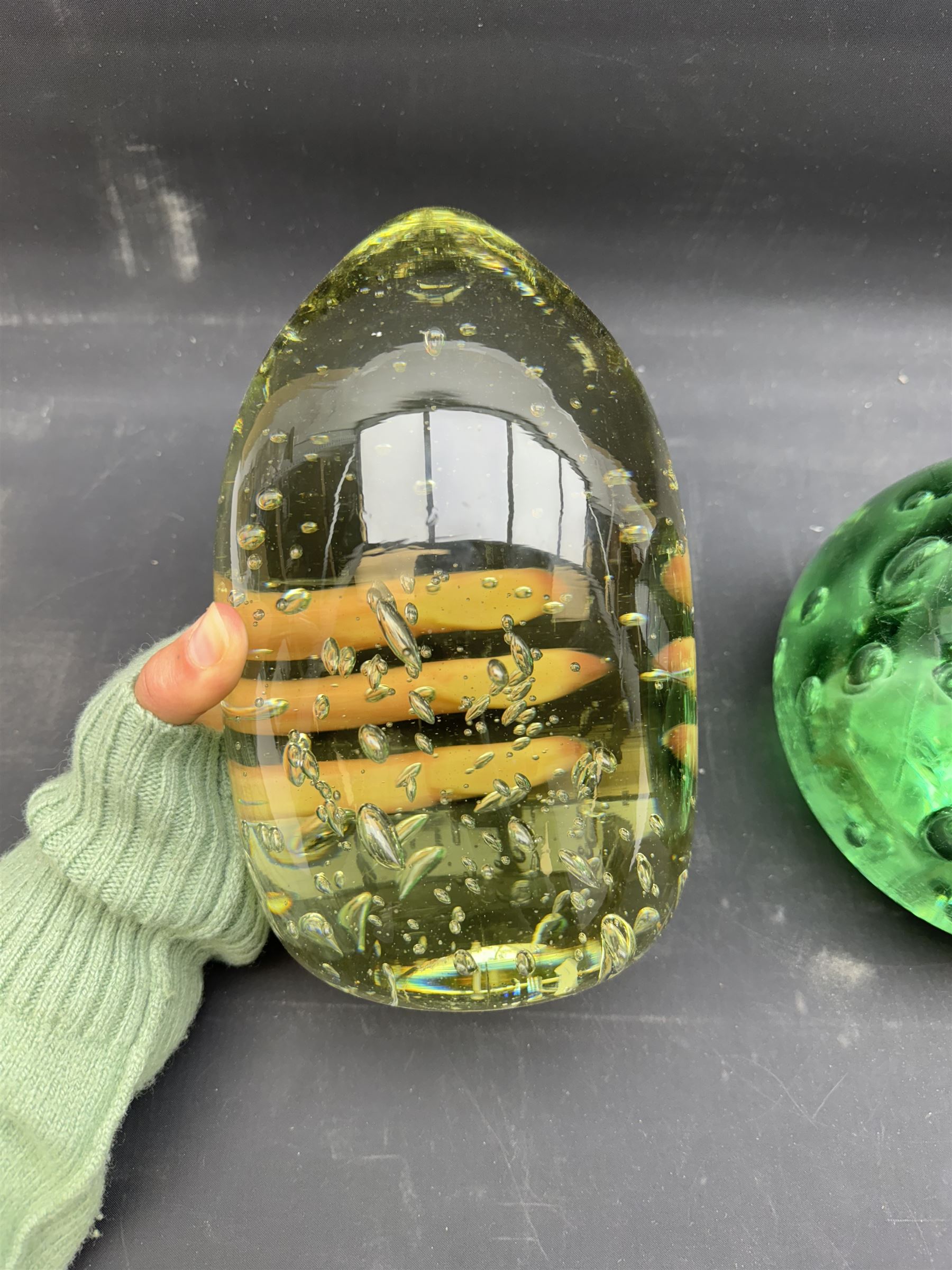 Two extra large Victorian glass dumps, with bubble inclusions tallest H22cm