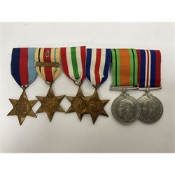 WWII group of six medals comprising 1939-45 Star, The Africa Star, The Italy Star, France and Germany Star, Defence Medal and War Medal 1939-45, awarded to 7899181 RAC C.W Hughes, together with two chevrons and ephemera relating to Charles William 'Bill' Hughes including Soldier's Release Book, photographs, certificates of transfers etc 