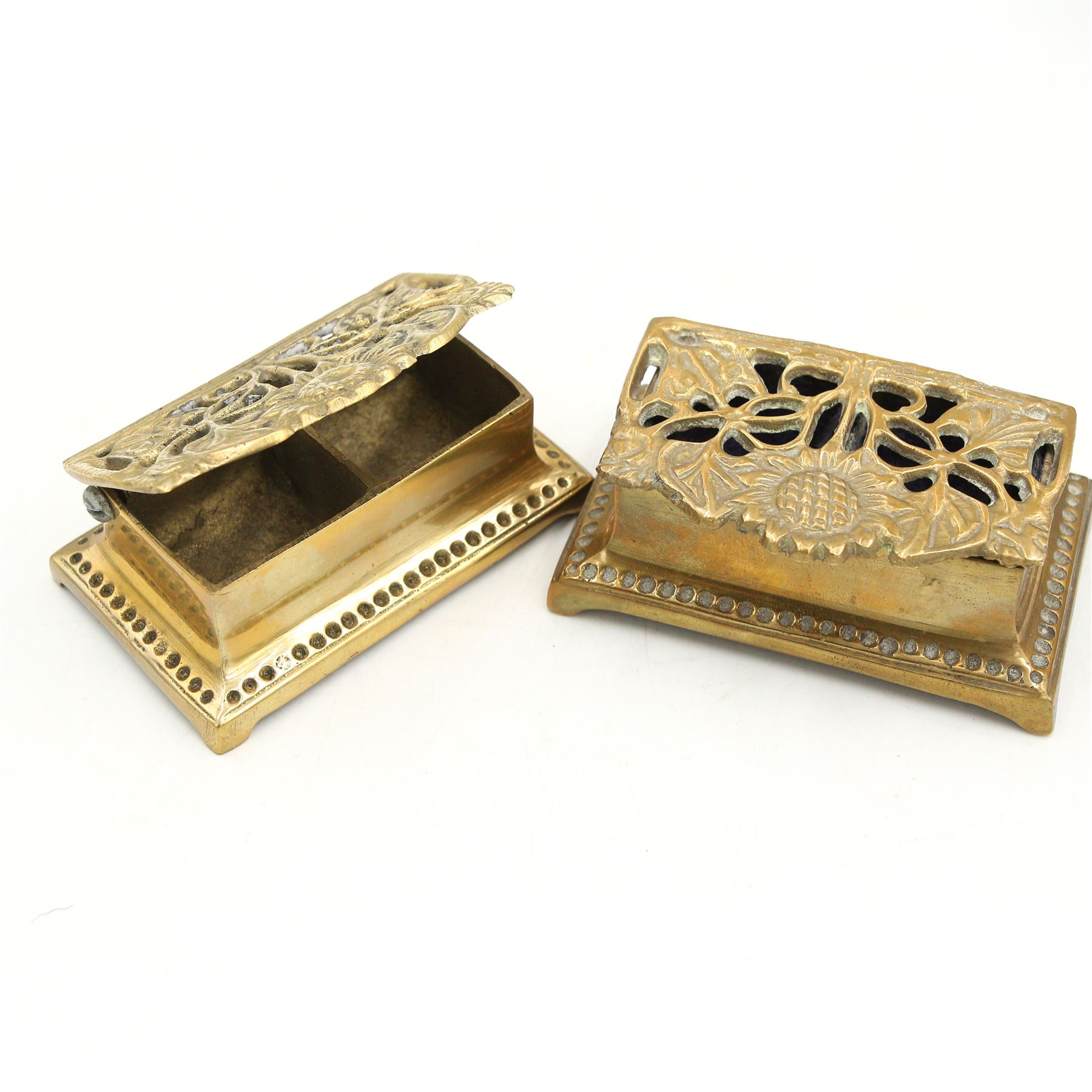 Victorian silver-plated card case, with sliding top, stamped Patent J.W.B, jewelled card case, together with various stamp holders including two leather pouches, silver-plated stamp box on stand, two pierced brass boxes etc 