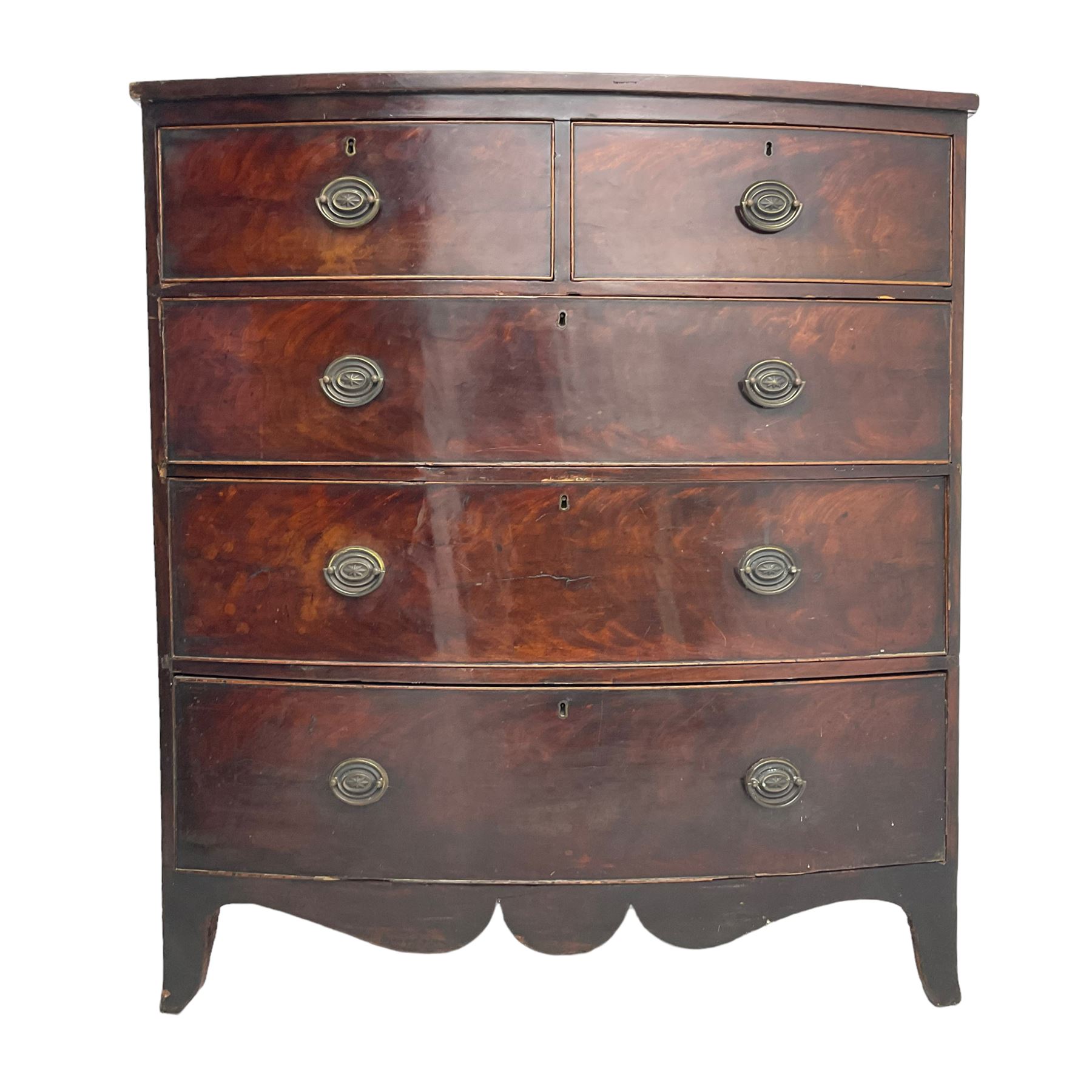 Early 19th century mahogany bow-front chest, two short and three long cock-beaded drawers, on shaped apron and bracket feet 