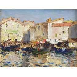 Leoni (Continental 20th Century): Sunrise on the Boats, oil on panel signed, indistinctly ...