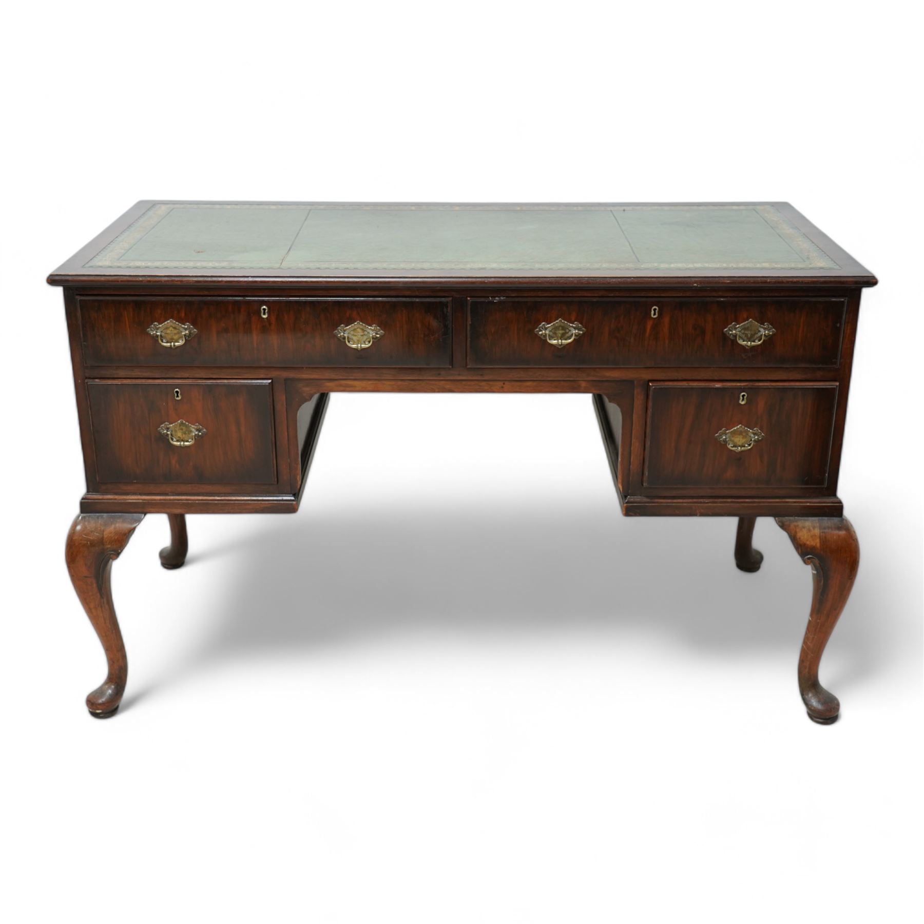 Early 20th century kneehole desk, moulded rectangular top with green leather inset, fitted with four drawers, on cabriole supports