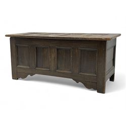 18th century design oak coffer, four panel hinged lid over four panel front, panelled side...