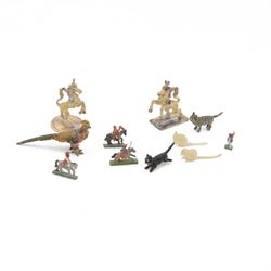 Three miniature cold painted bronzes, comprising pheasant and two cats, together with two ...