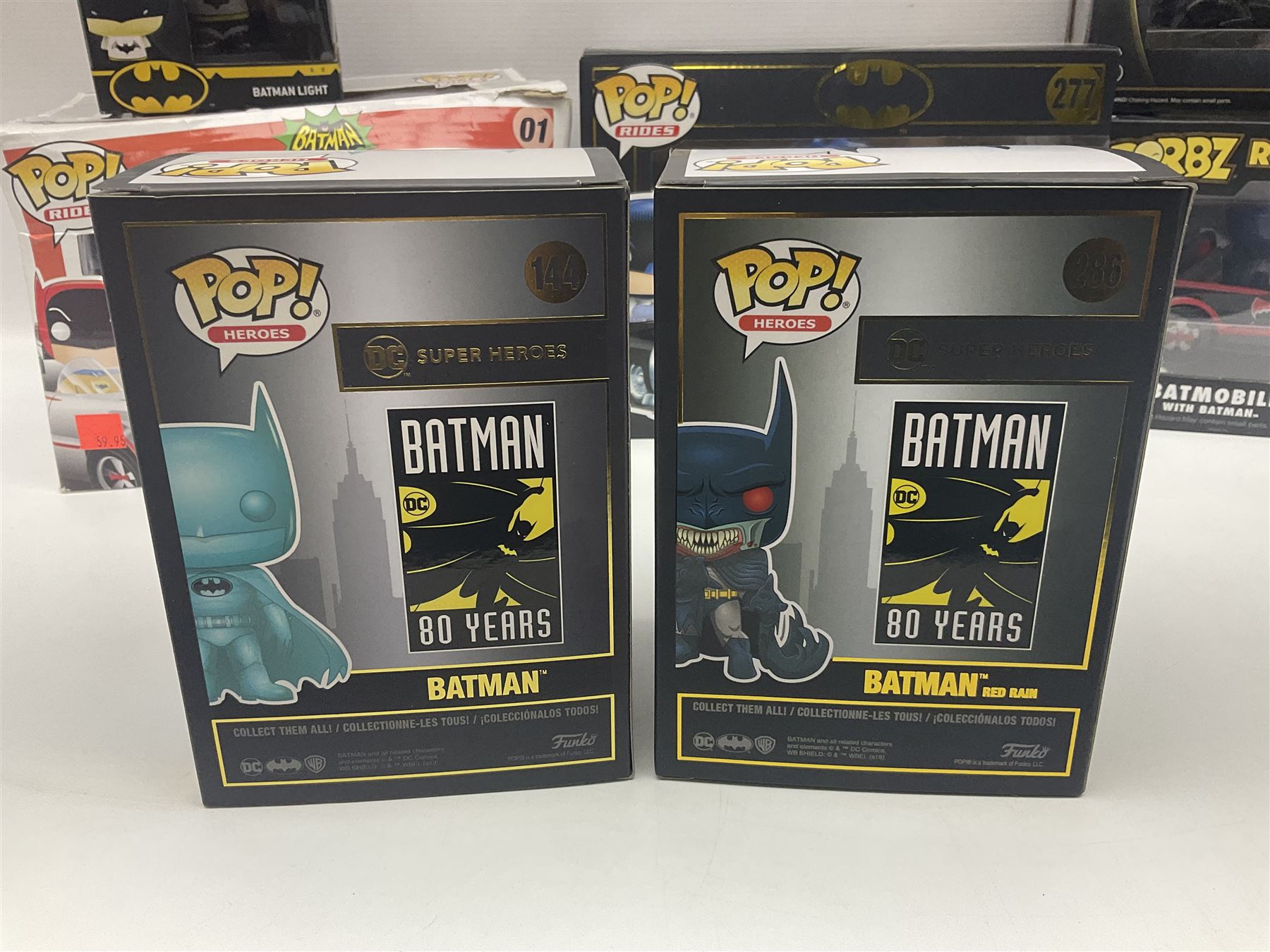 Thirteen Funko! Pop figurines of predominately Batman interest, to include 2016 ‘Batman Classic TV Series Batmobile’ and 2019 teal coloured ‘Batman’ Summer Convention exclusives, most in original boxes, with three similar boxed figures (16)