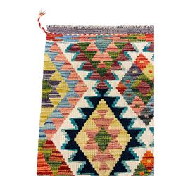 Chobi Kilim rug, over geometric design, decorated with multi-coloured stepped lozenges