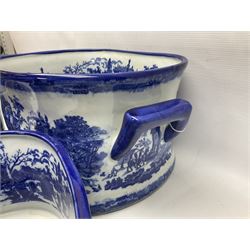 Three Victoria Ware blue and white footbaths, each with twin lug handles and transfer print decorated with city scape, largest H21cm