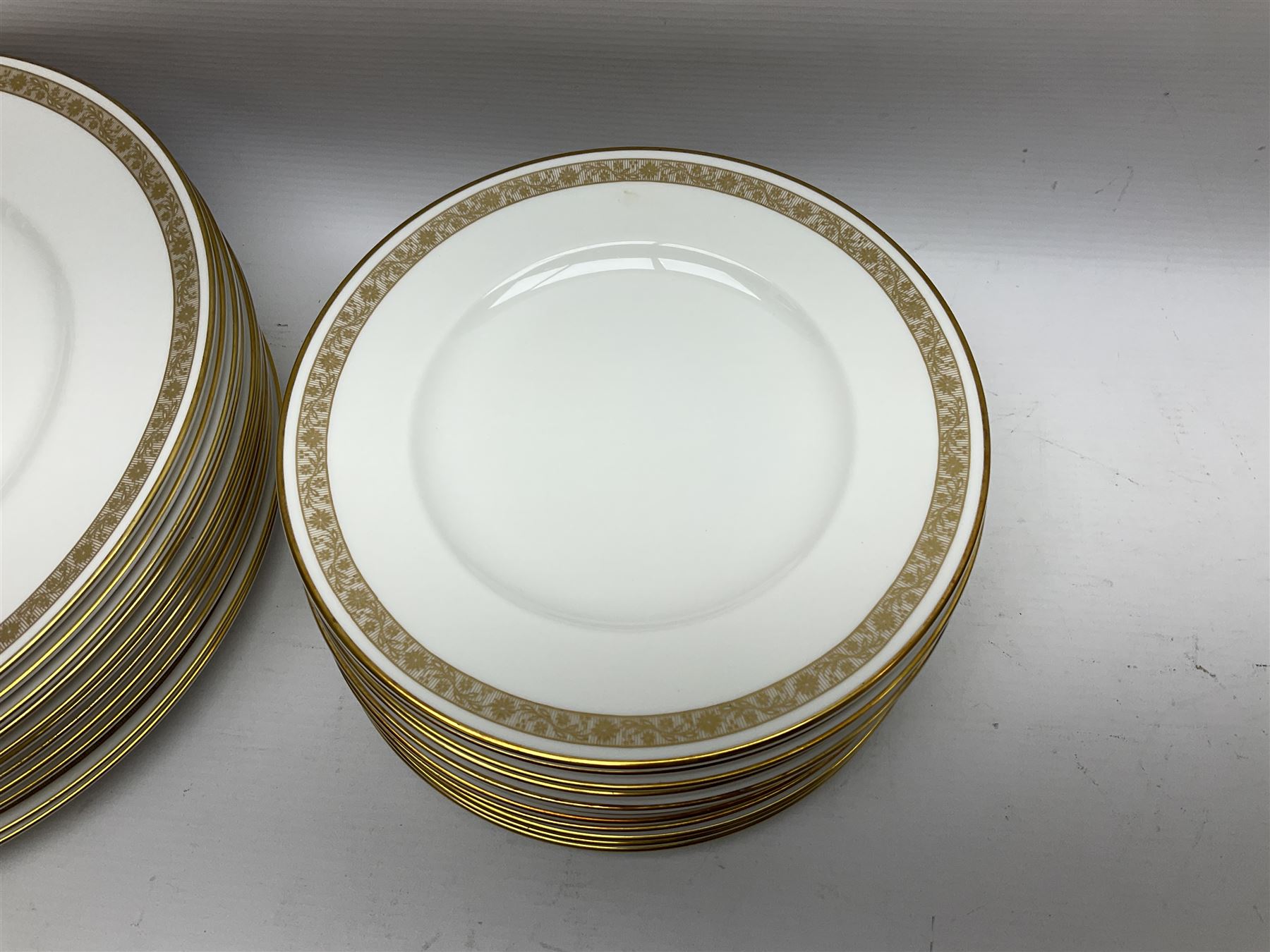 Royal Worcester Golden Anniversary pattern dinner wares, including ten dinner plates, twelve side plates, eight twin handled bowls and saucers, covered tureen (55)