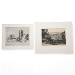 Frederick (Fred) Cecil Jones RBA (British 1891-1966): 'Leeds and Liverpool Canal - Near Bradford' and 'Calverley Church - Near Leeds', two etchings signed and titled in pencil max 15cm x 20cm (2) (unframed)