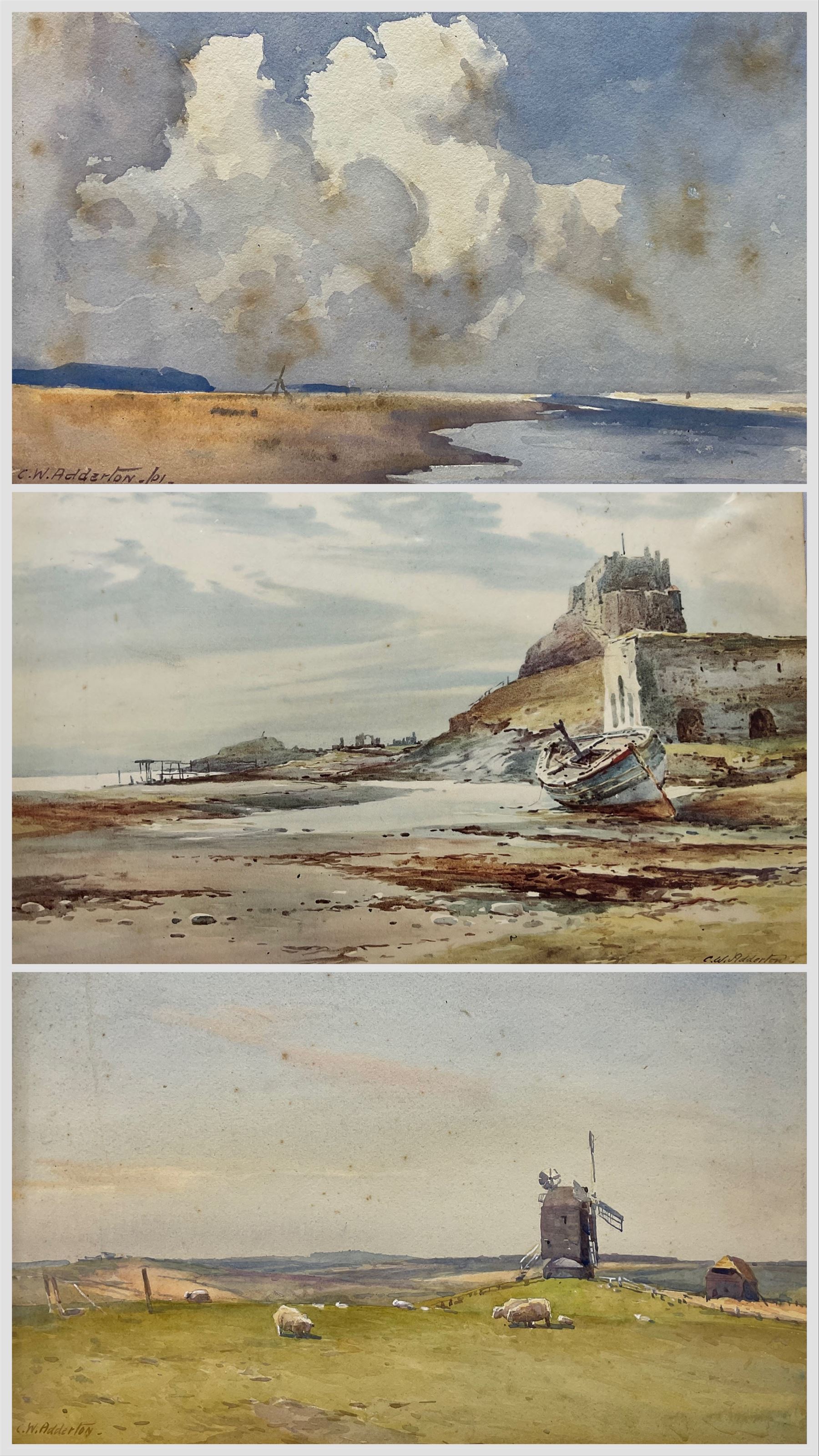 Charles William Adderton (British 1866-1944): 'Early Spring - A Sussex Landscape', watercolour signed, titled and inscribed 'Exhibited in the RA 1901' verso 30cm x 45cm; and another Coastal scene 17cm x 24cm and a print of Bamborough Castle (3 unframed)
Provenance: direct from the family of the artist Harry Wanless 1872-1934, part of a collection never previously seen on the market
Notes: Adderton was a friend of the brothers Harry and Charles Wanless, all of whom studied under Albert Strange at the Scarborough School of Art School. Adderton had a studio at 55 Sandside, Scarborough between 1894 and 1901, he moved to Ockbrook Derby and later to Robin Hoods Bay where he was a member of the Fylingdales Group of Artists