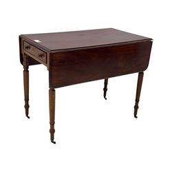 19th century mahogany drop leaf Pembroke table, fitted with single drawer, raised on turned supports