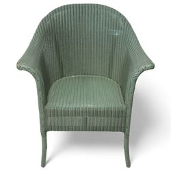 Lloyd Loom - pair of wickerwork armchairs, in painted sage green finish