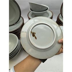 20th century celadon dinner service with iron rim, comprising nineteen dinner plates 26.5cm, twenty-four side plates D24cm, twelve varying bowls, twenty-two tea plates and fifteen saucers 