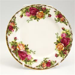 Royal Albert Old Country Roses dinner and tea ware comprising seven dinner plates, eight soup bowls, eight dessert bowls, teacups, saucers and tea plates, two sauce boats and stands, salt & pepper pots, milk jug, sugar bowl, rectangular dish, sandwich plate and oval platter 