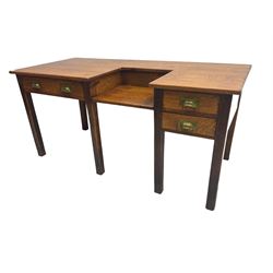 Early 20th century oak clerks desk, fitted with drop centre and drawers, on square supports