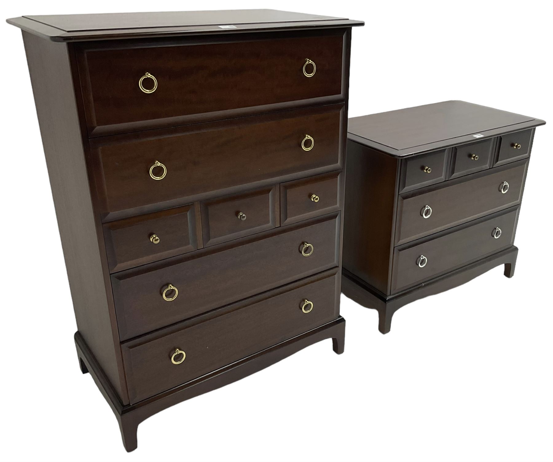 Stag Minstrel mahogany chest fitted with seven drawers (W82cm, H113cm, D47cm); together with a five drawer chest (W82cm, H72cm, D46cm)