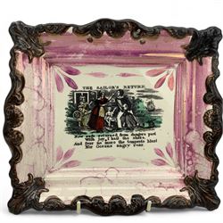 Three Victorian Sunderland lustre maritime wall plaques, each with transfer printed decoration comprising 'May Peace & Plenty on our Nation Smile and Trade with Commerce Bless the British Isle' by Dixon & Co., 'Sailors' Farewell' by Dixon & Co. and 'The Sailor's Return', L23.5cm max (3)