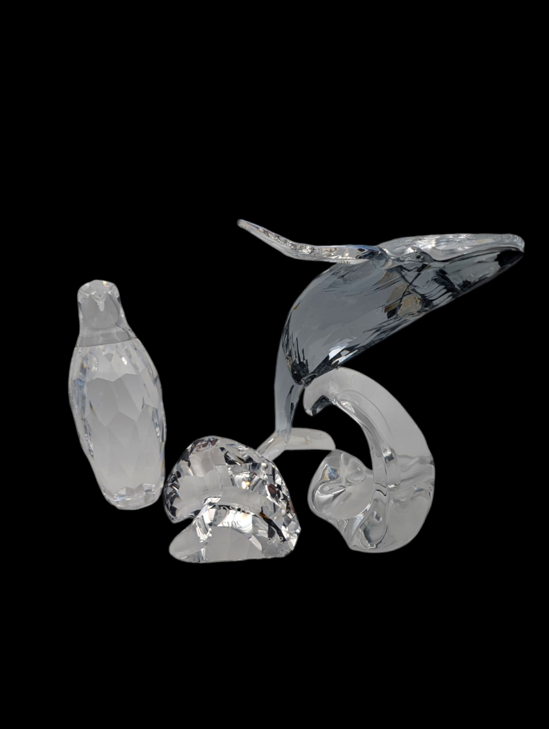 Swarovski Crystal humpback whale, Paikea, with crystal name plaque and a Swarovski Crystal penguin, whale H16cm