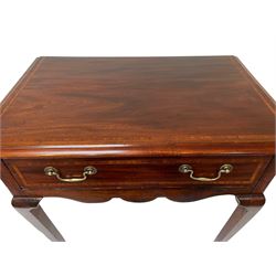 18th century and later inlaid mahogany and fruitwood low-boy, the moulded rectangular top with satinwood band, shaped frieze fitted with single drawer, on cabriole supports with angular feet