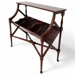 Regency design mahogany magazine stand, moulded rectangular top over five divisions, on ri...