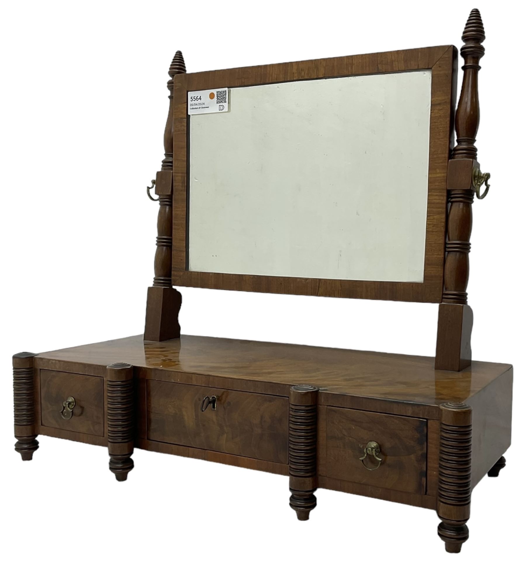 19th century mahogany dressing table mirror, rectangular plate, fitted with three trinket drawers, on ring turned uprights and supports