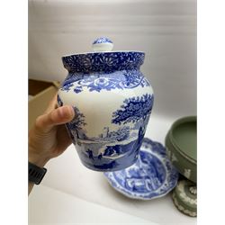 Wedgwood Jasperware stepped bowl, together with covered trinket box, vase and trinket dish, together with two Spode Italian pattern jars and dish