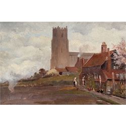 George William Collins (British 1863-1949): Chickens and Church, oil on board signed 20cm x 30cm