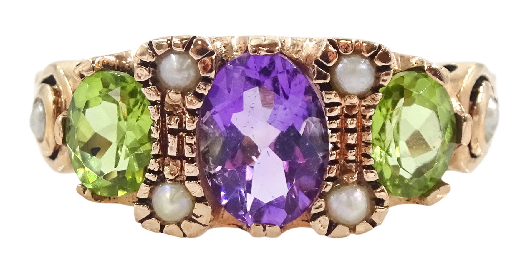 9ct rose gold three stone oval cut peridot and amethyst ring, with pearl accents set between and pearl set shoulders, London 2011