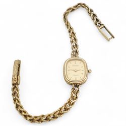 Tissot 9ct gold quartz wristwatch, on integral 9ct gold rope twist bracelet