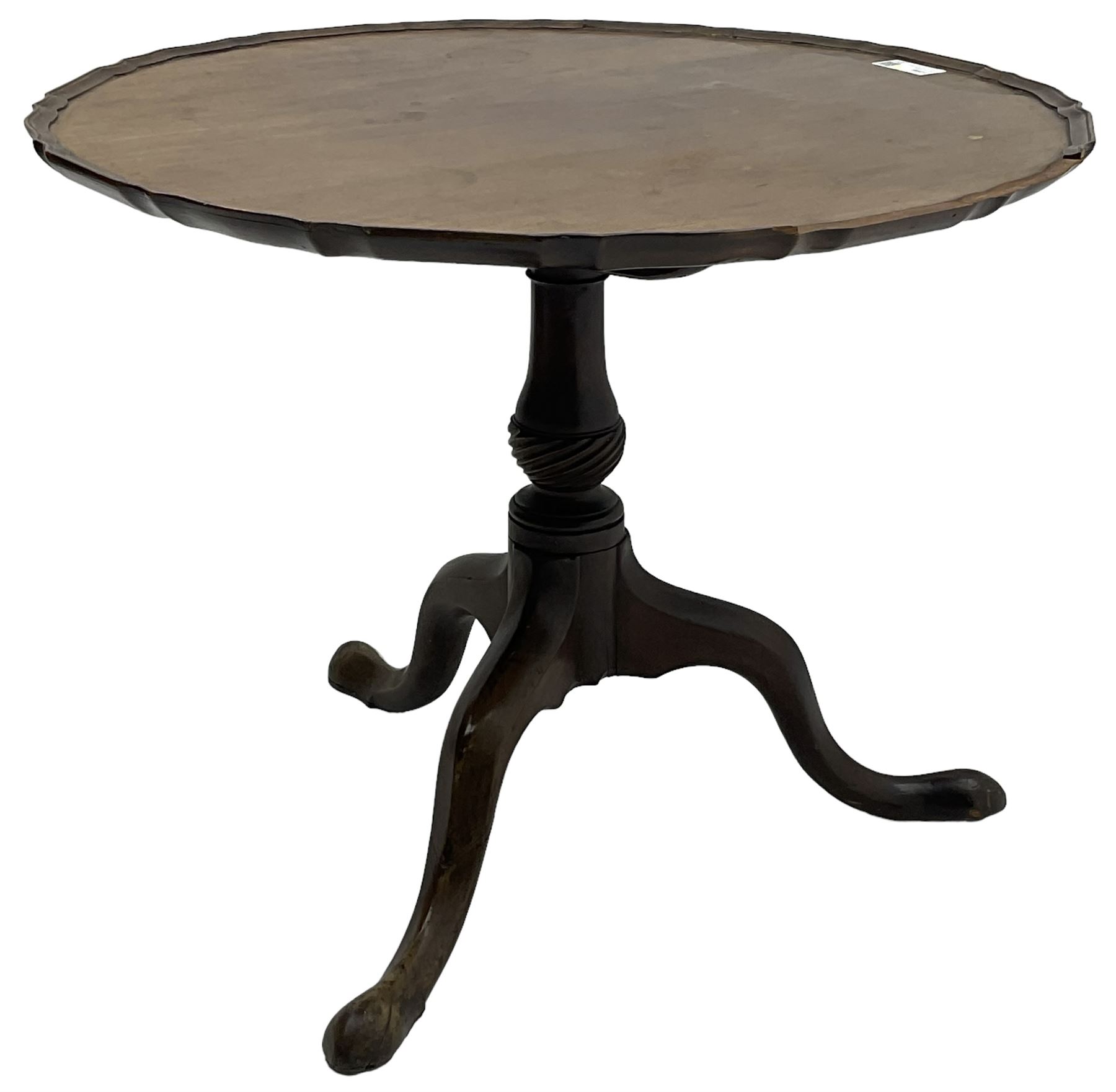 George III mahogany tripod table, circular moulded pie-crust tilt-top, on turned and twist carved pedestal, three splayed supports with pointed feet 