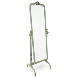 Edwardian Adam Revival green-painted and parcel gilt cheval mirror, shaped pediment painted with urn and flower head festoons, turned supports with carved finials decorated with acanthus leaves and draped festoons, on out splayed supports with spade feet and brass castors 