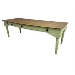 Large 20th century farmhouse style dining table, rectangular oak top on pale green painted base fitted with drawers, on turned supports