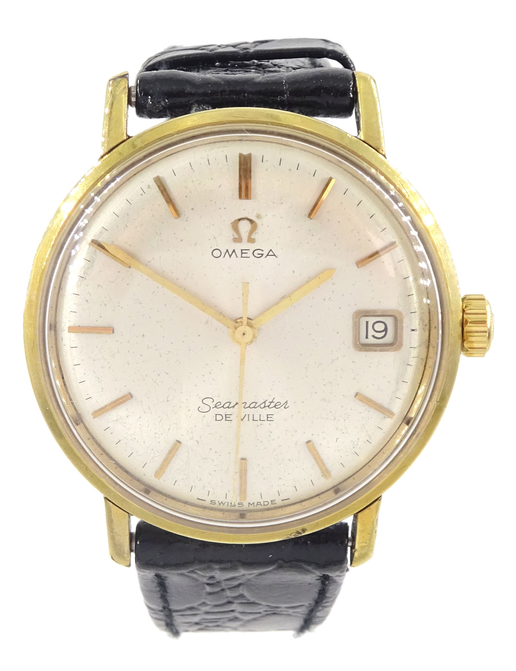 Omega Seamaster De Ville gentleman's gold capped and stainless steel manual wind wristwatch, Cal. 613, silvered dial with date aperture, on black leather strap, boxed